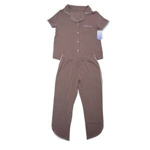 Women's short sleeve button down pajama set with pants in brown, size XS, NWT